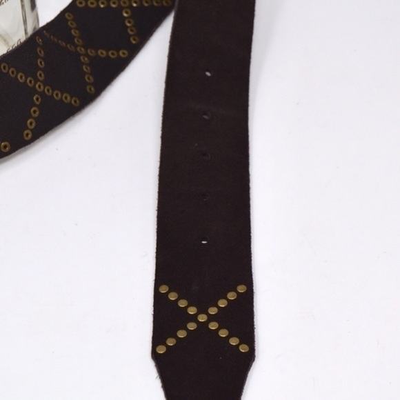 Rich Brown Soft Leather Bronze Stud Belt with Square Gold Tone Buckle - Picture 6 of 7